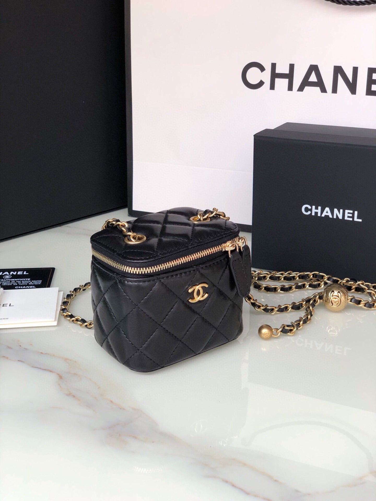 CHANEL MINI 11 VANITY CHAIN IN BLACK CALFSKIN GOLD HARDWARE