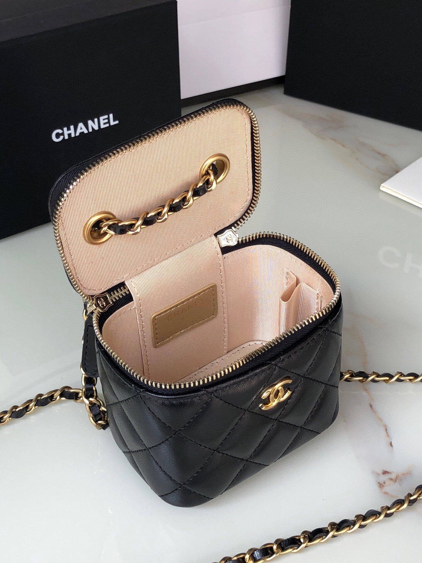 CHANEL MINI 11 VANITY CHAIN IN BLACK CALFSKIN GOLD HARDWARE