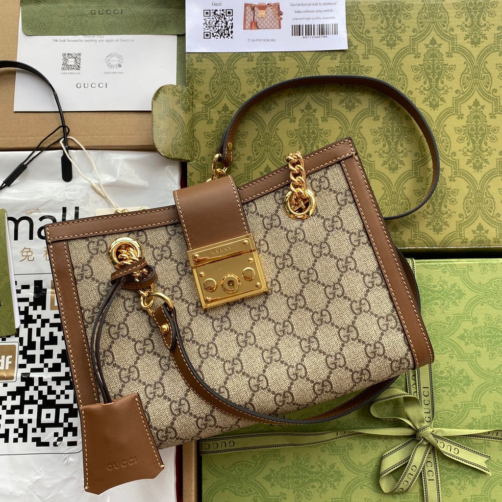 GUCCI PADLOCK MEDIUM 26 SHOULDER BAG BEIGE CANVAS AND BROWN CALFSKIN