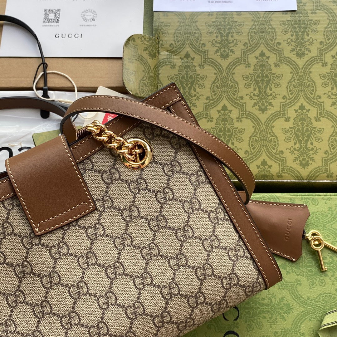 GUCCI PADLOCK MEDIUM 26 SHOULDER BAG BEIGE CANVAS AND BROWN CALFSKIN