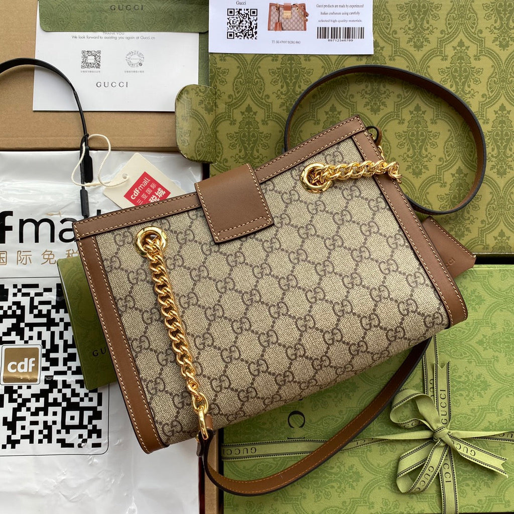 GUCCI PADLOCK MEDIUM 26 SHOULDER BAG BEIGE CANVAS AND BROWN CALFSKIN