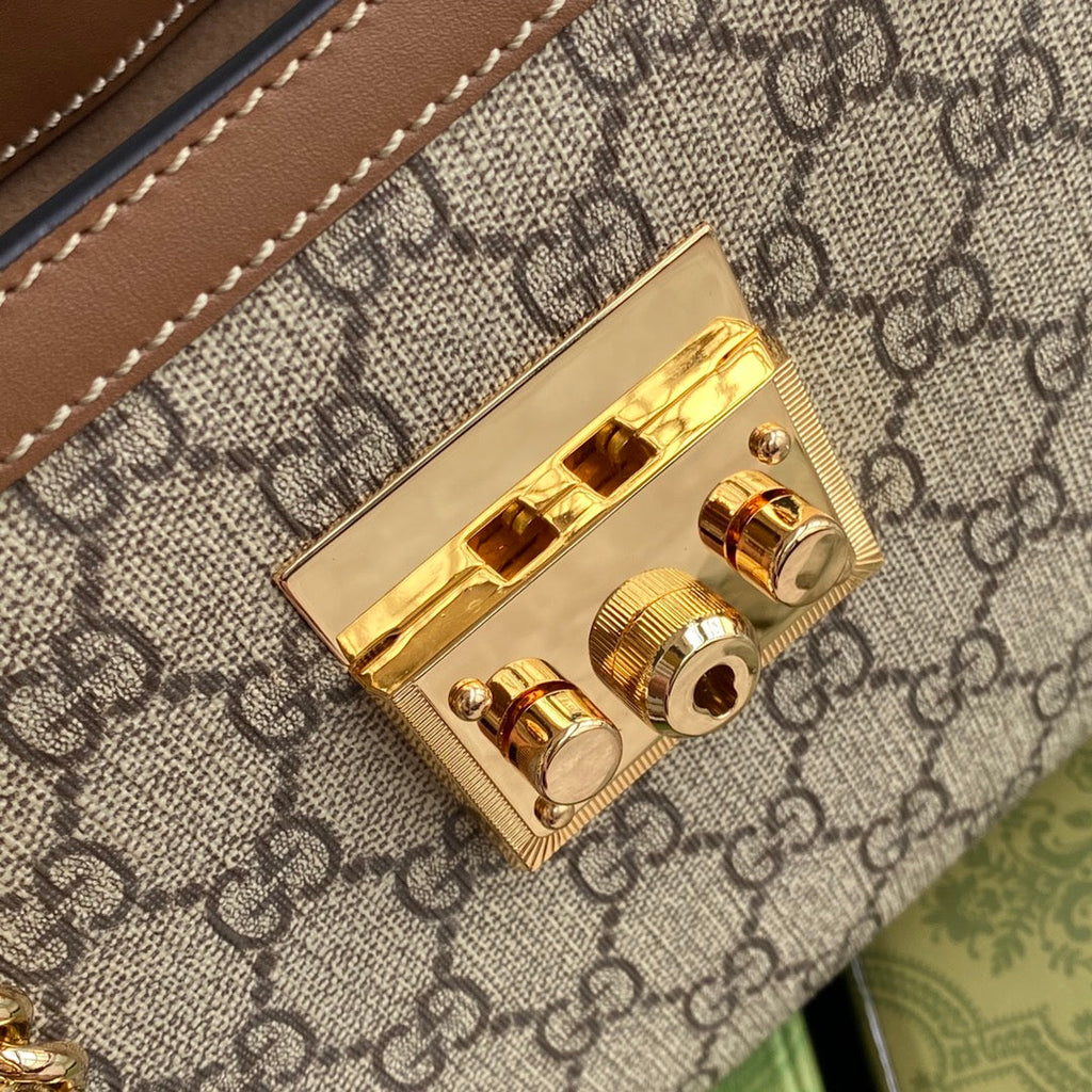 GUCCI PADLOCK MEDIUM 26 SHOULDER BAG BEIGE CANVAS AND BROWN CALFSKIN