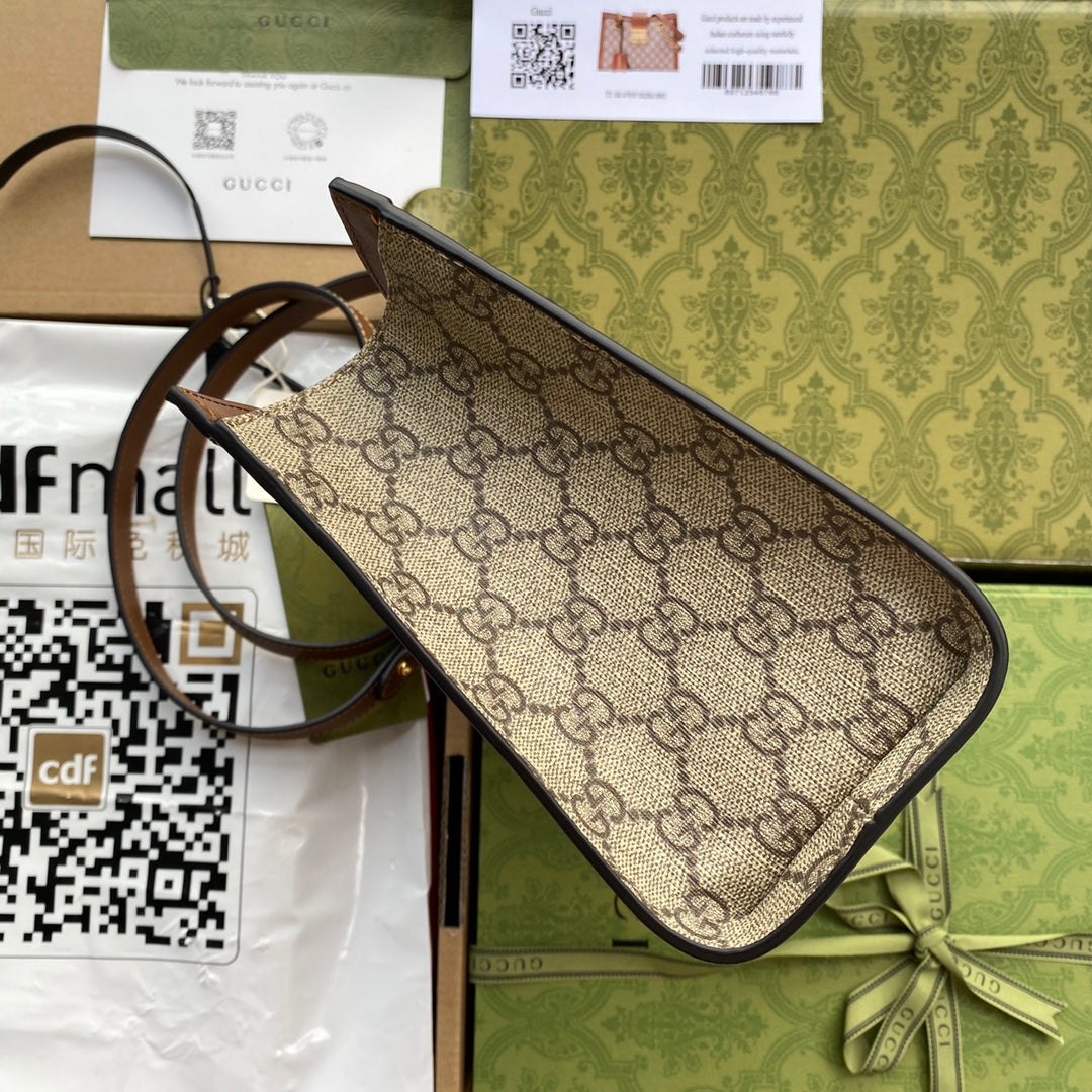 GUCCI PADLOCK MEDIUM 26 SHOULDER BAG BEIGE CANVAS AND BROWN CALFSKIN