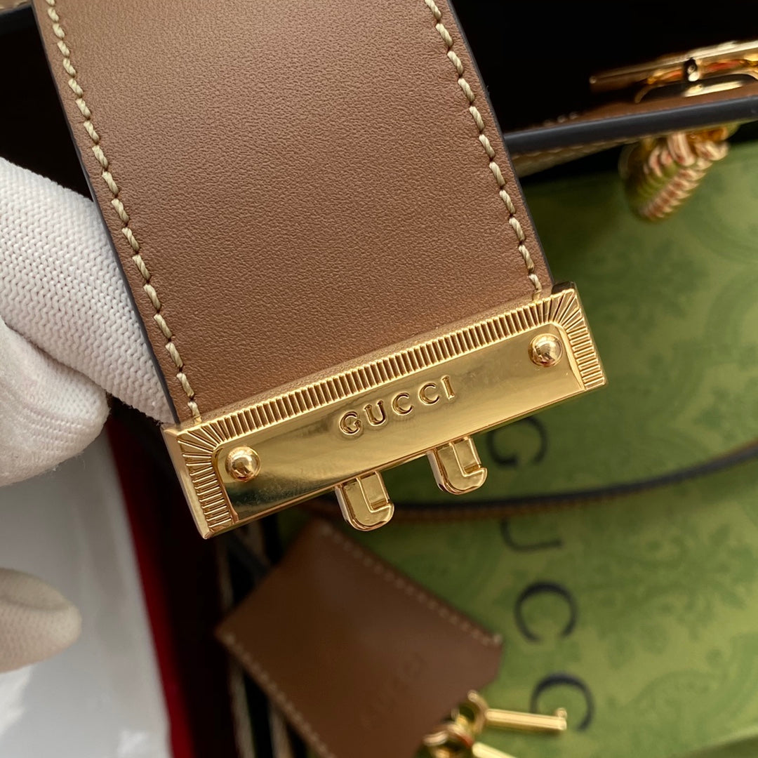 GUCCI PADLOCK MEDIUM 26 SHOULDER BAG BEIGE CANVAS AND BROWN CALFSKIN
