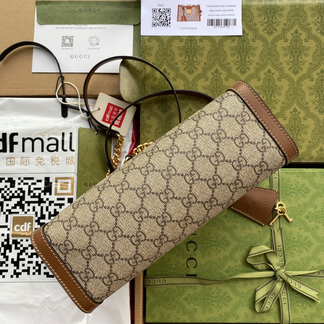 GUCCI PADLOCK MEDIUM 26 SHOULDER BAG BEIGE CANVAS AND BROWN CALFSKIN