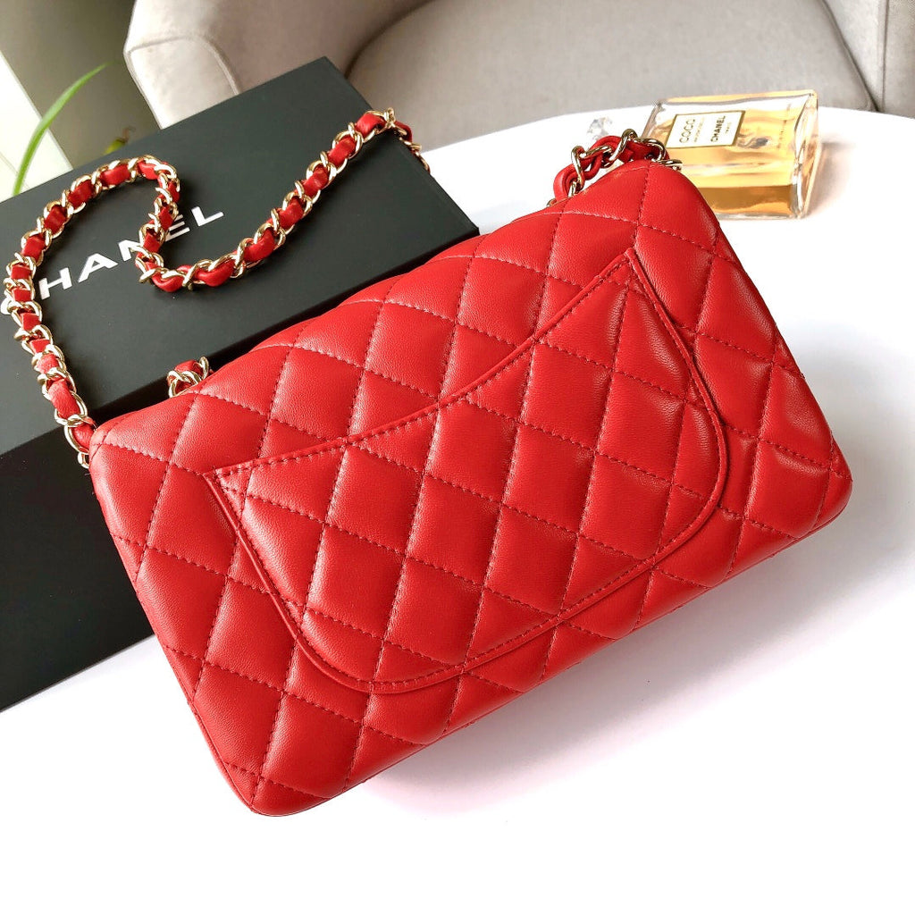 CHANEL MINI RECTANGLE FLAP BAG 20CM RED LAMBSKIN GOLD HARDWARE