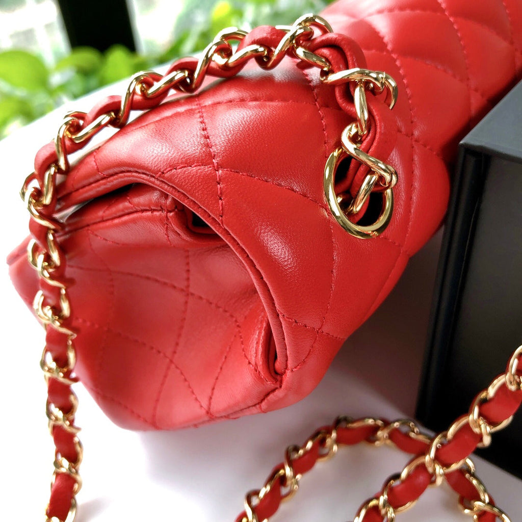 CHANEL MINI RECTANGLE FLAP BAG 20CM RED LAMBSKIN GOLD HARDWARE