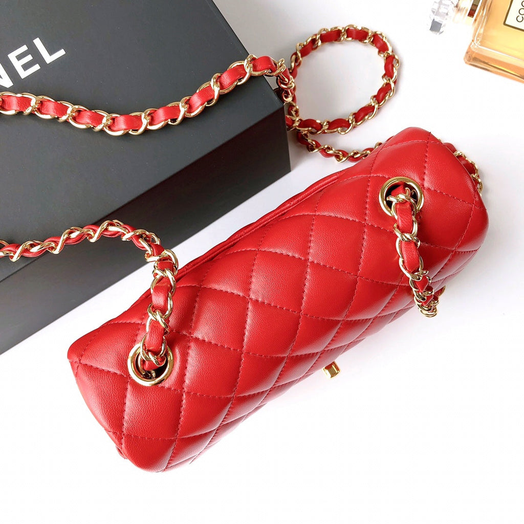 CHANEL MINI RECTANGLE FLAP BAG 20CM RED LAMBSKIN GOLD HARDWARE