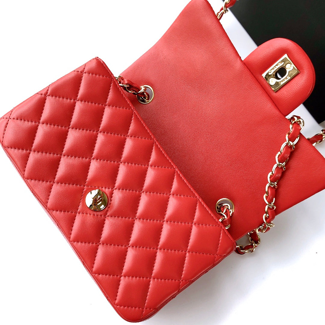 CHANEL MINI RECTANGLE FLAP BAG 20CM RED LAMBSKIN GOLD HARDWARE