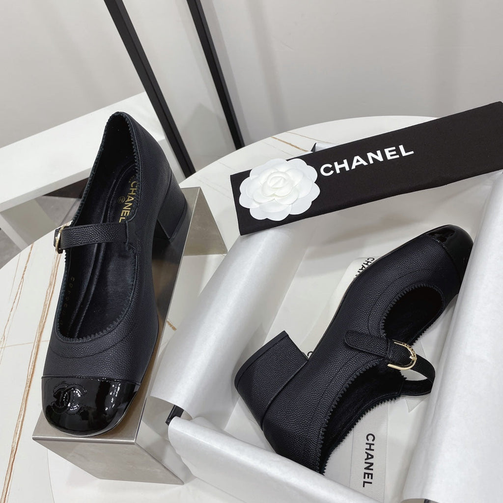 CHANEL MARY JANE BLOCK HEEL BLACK SHEEPSKIN