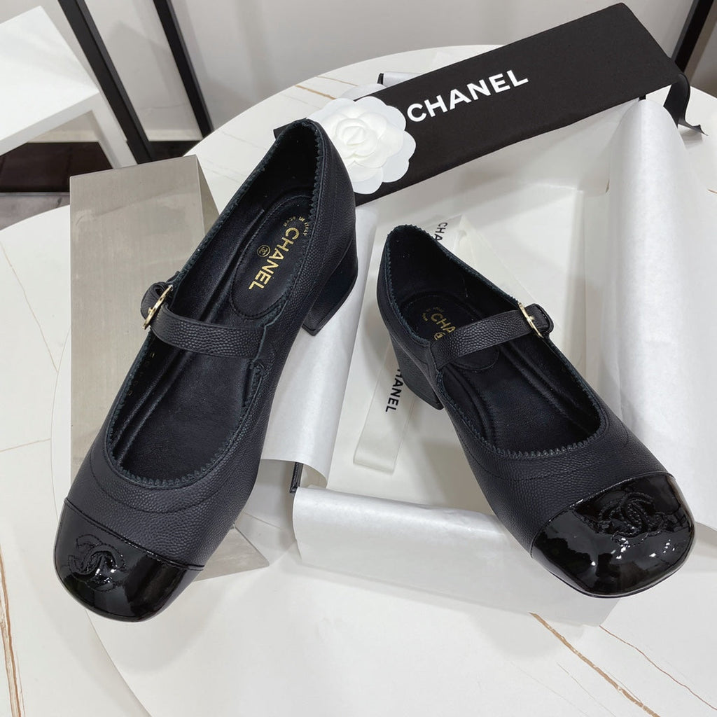 CHANEL MARY JANE BLOCK HEEL BLACK SHEEPSKIN