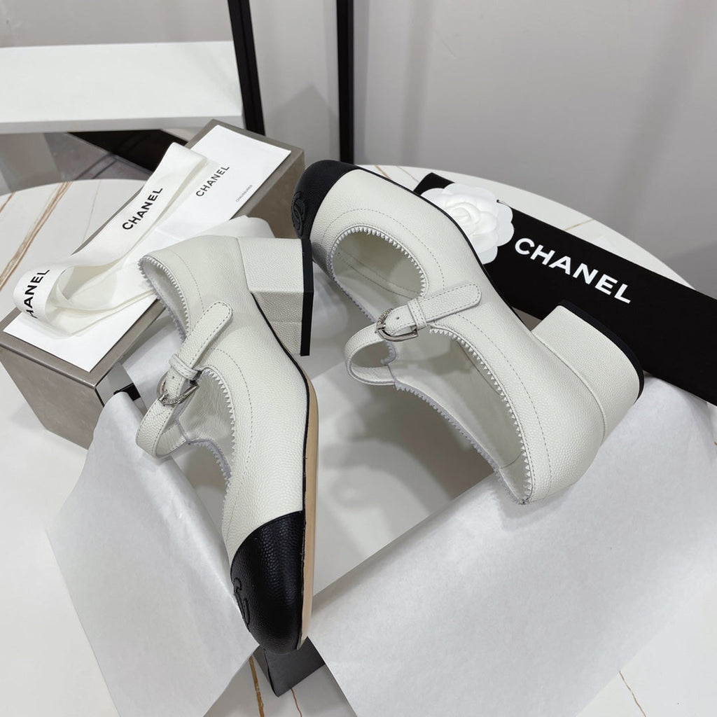 CHANEL MARY JANE BLOCK HEEL WHITE SHEEPSKIN