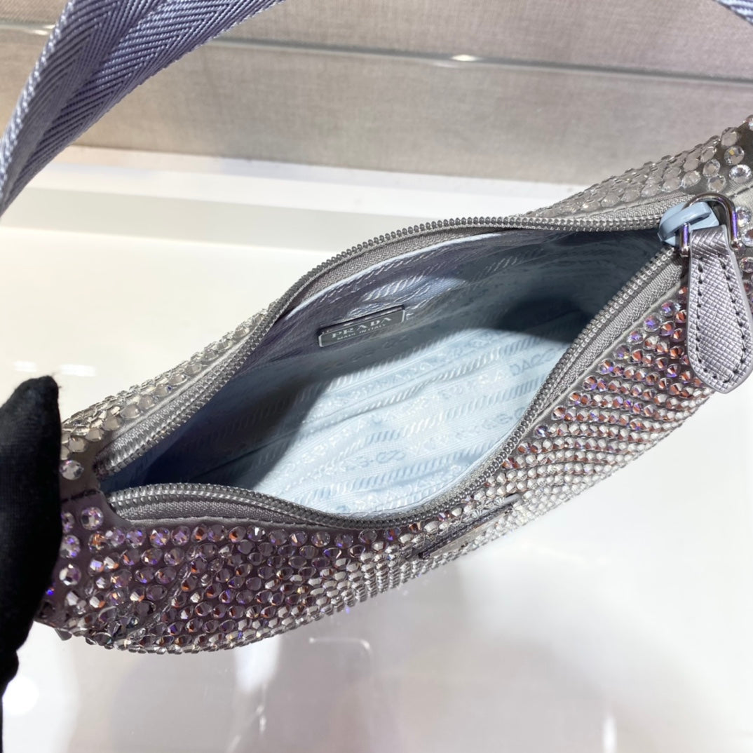 PRADA SPARKLING HOBO BAG 23 IN SILVER NYLON ATTACHED FULLY CRYSTALS