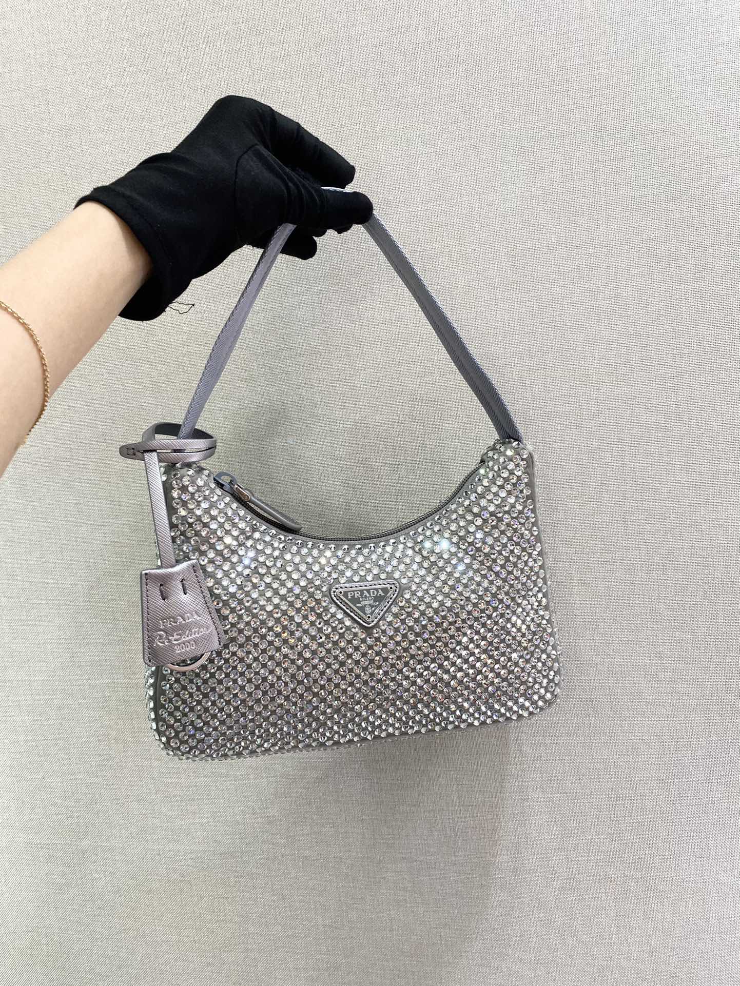 PRADA SPARKLING HOBO BAG 23 IN SILVER NYLON ATTACHED FULLY CRYSTALS