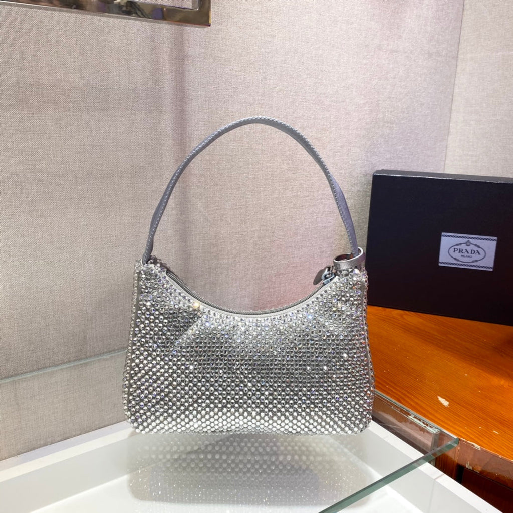PRADA SPARKLING HOBO BAG 23 IN SILVER NYLON ATTACHED FULLY CRYSTALS