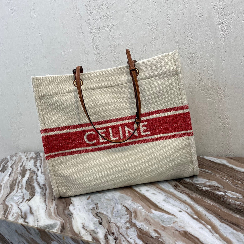 CELINE CANVAS TOTE 43 WHITE/RED DENIM