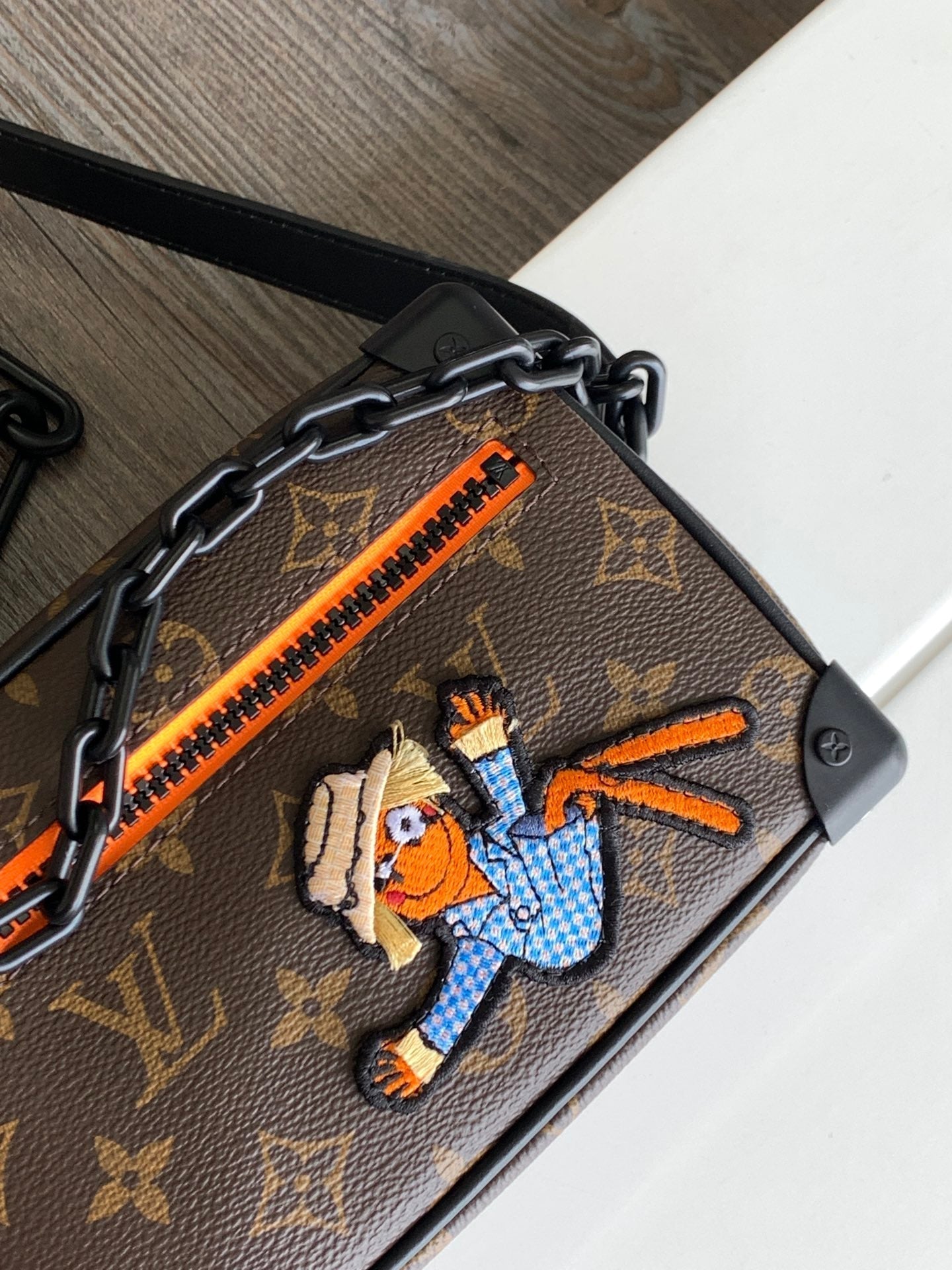 LOUIS VUITTON MINI SOFT TRUNK 18 IN BROWN MONOGRAM CANVAS WITH EMBROIDERED ANIMATED CHARACTER
