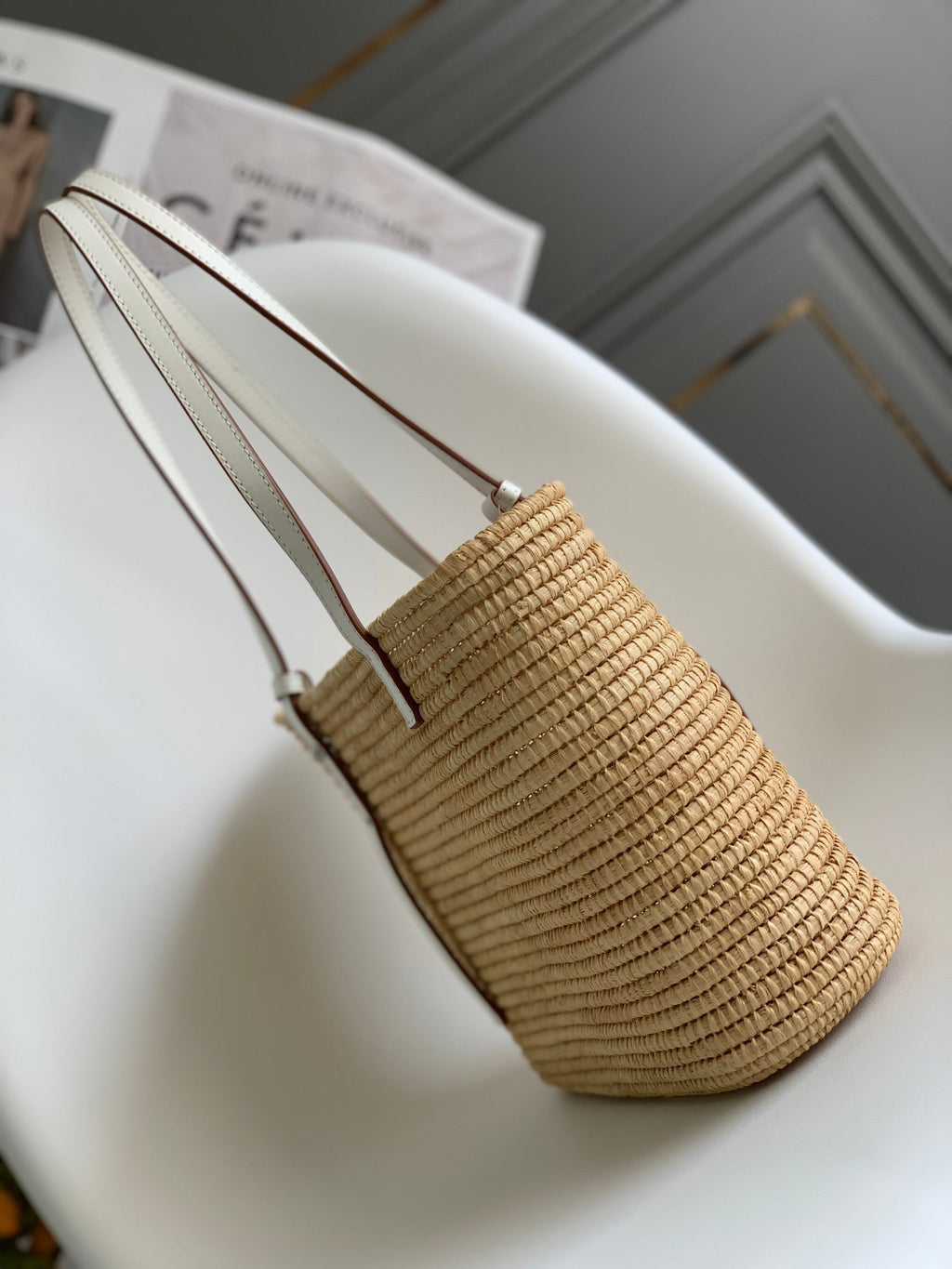 LOEWE 25S BASKET BAG 30 IN NATURAL MIX WHITE RAFFIA CALFSKIN SHOULDER STRAP