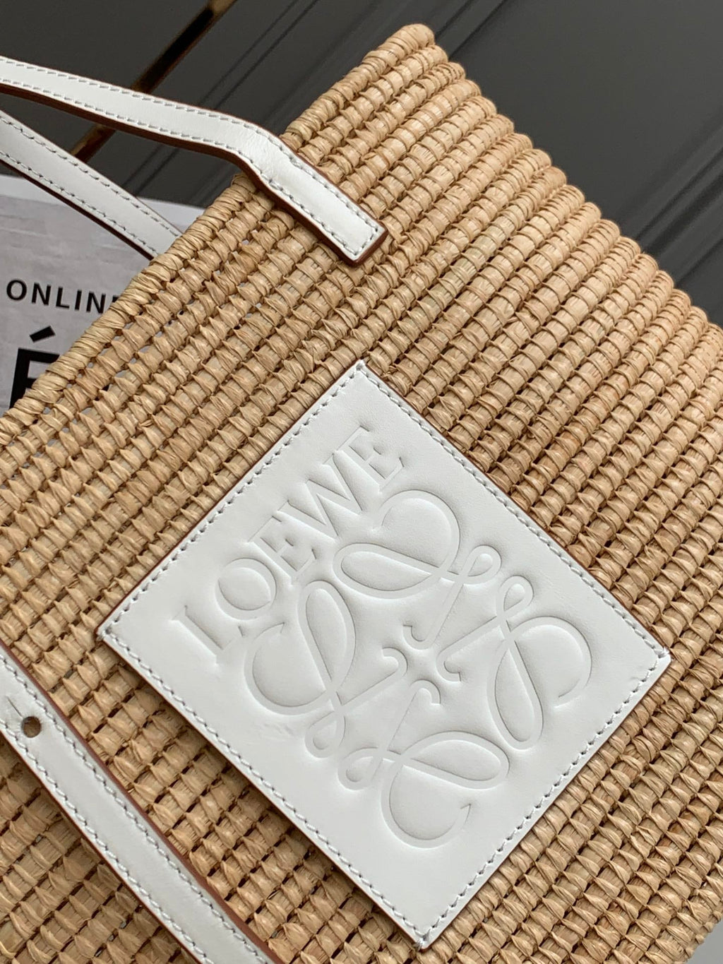 LOEWE 25S BASKET BAG 30 IN NATURAL MIX WHITE RAFFIA CALFSKIN SHOULDER STRAP