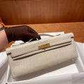 HERMES KELLY CUT 31 IN WHITE CREAM ALLIGATOR LEATHER WITH GOLD HARDWARE