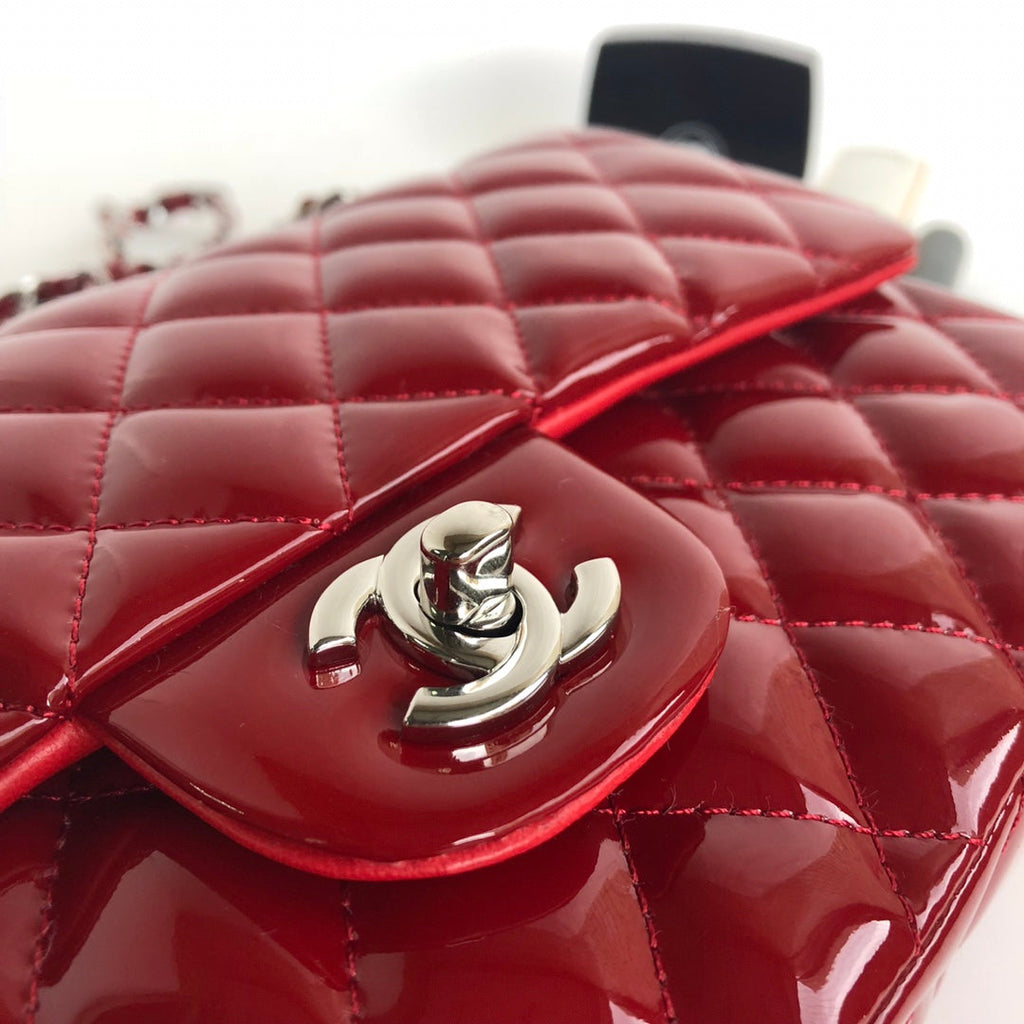 CHANEL FLAP BAG MEDIUM 25CM RED PATENT CALFSKIN SILVER HARDWARE