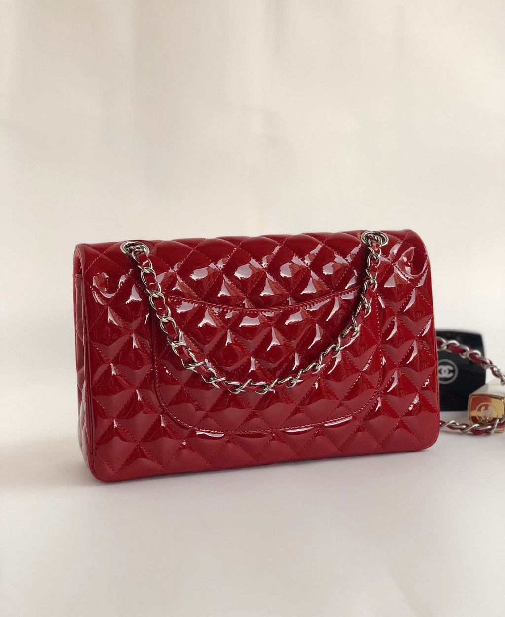 CHANEL FLAP BAG MEDIUM 25CM RED PATENT CALFSKIN SILVER HARDWARE