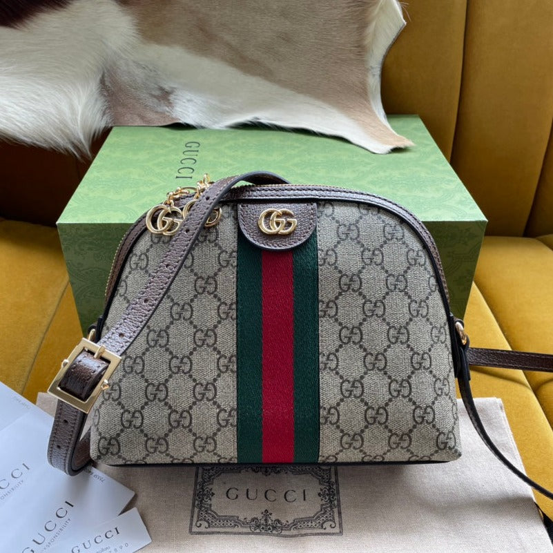 GUCCI OPHIDIA  MEDIUM 23 SHOULDER BAG BEIGE AND EBONY SUPREME CANVAS