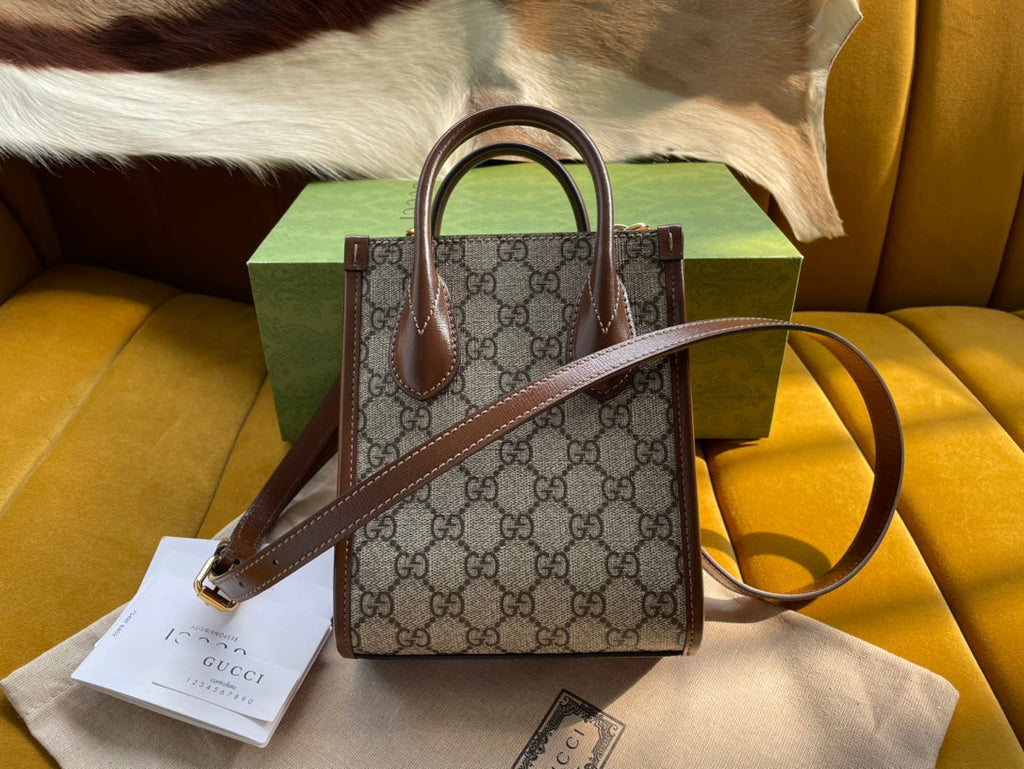 GUCCI MINI TOTE  20 BAG IN BEIGE CANVAS AND BROWN CALFSKIN