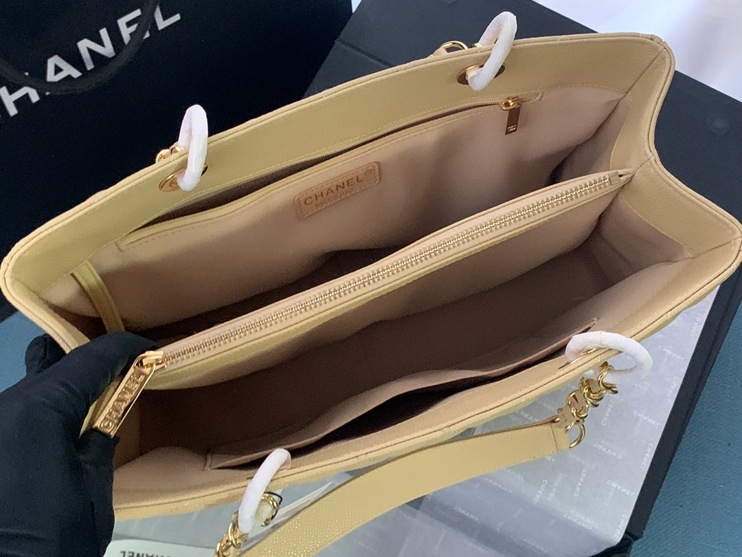 CHANEL 25S MEDALLION TOTE 33 CM IN BEIGE CAVIAR WITH GOLD HARDWARE