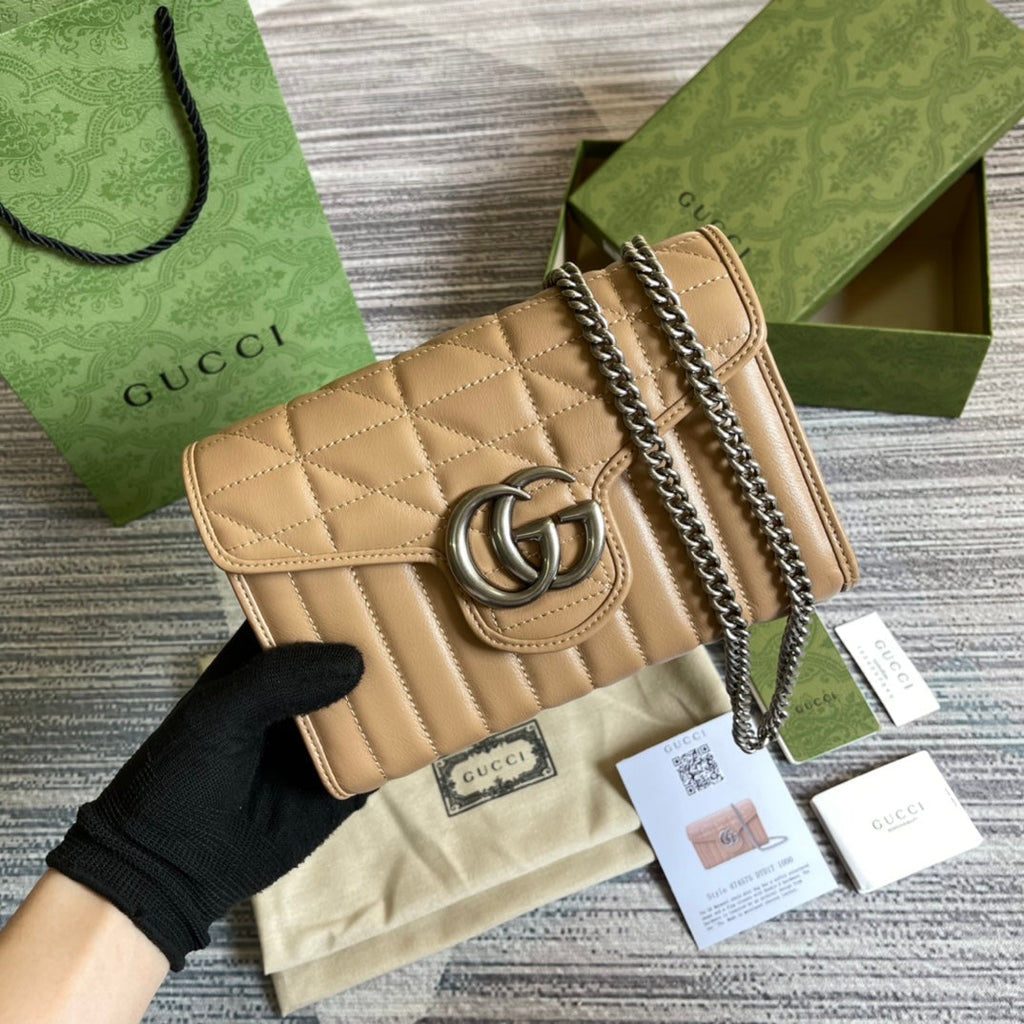 GUCCI MARMONT MINI 20 SHOULDER BAG IN CAMEL BROWN CALFSKIN