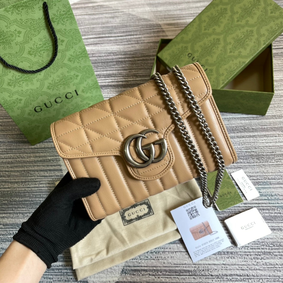 GUCCI MARMONT MINI 20 SHOULDER BAG IN CAMEL BROWN CALFSKIN