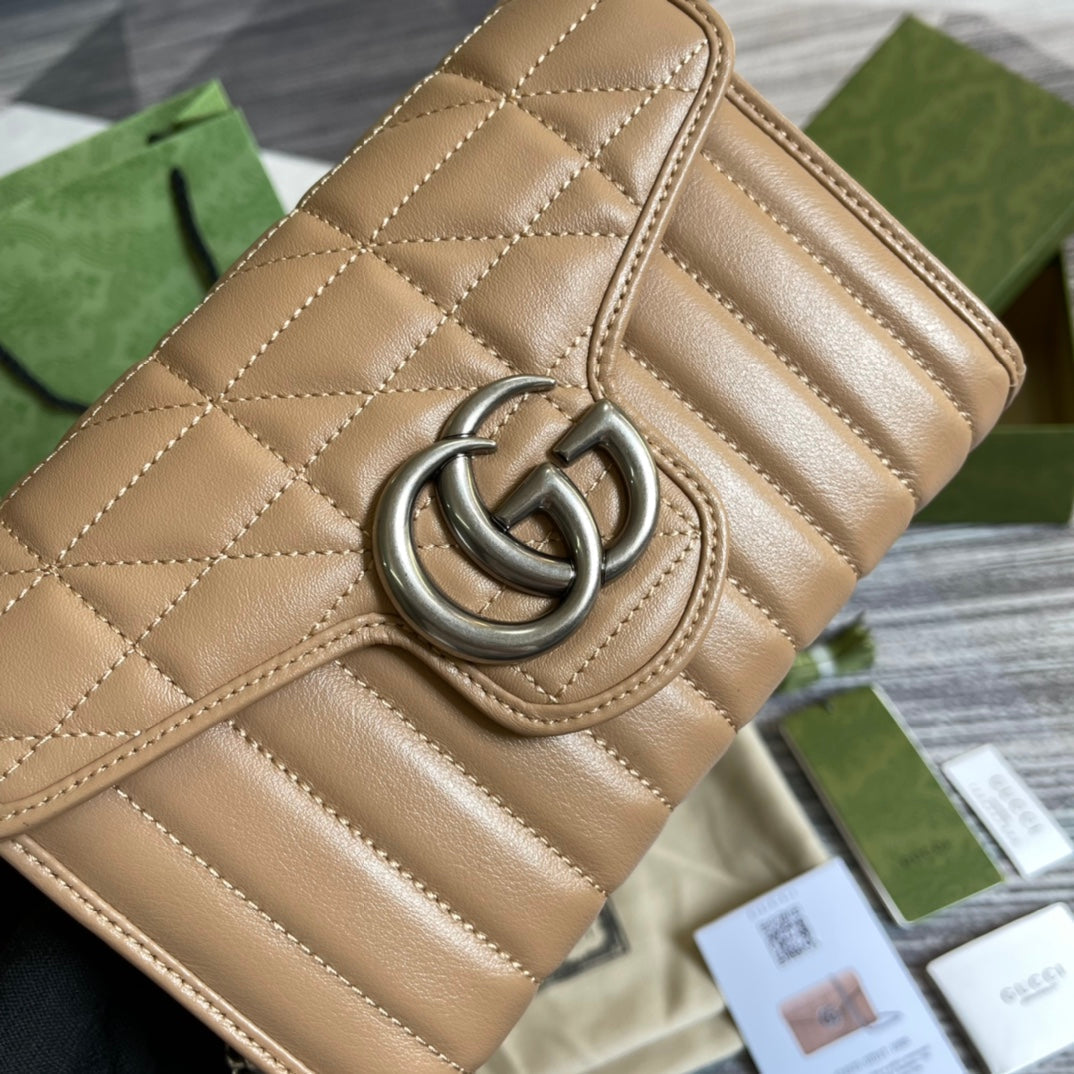 GUCCI MARMONT MINI 20 SHOULDER BAG IN CAMEL BROWN CALFSKIN