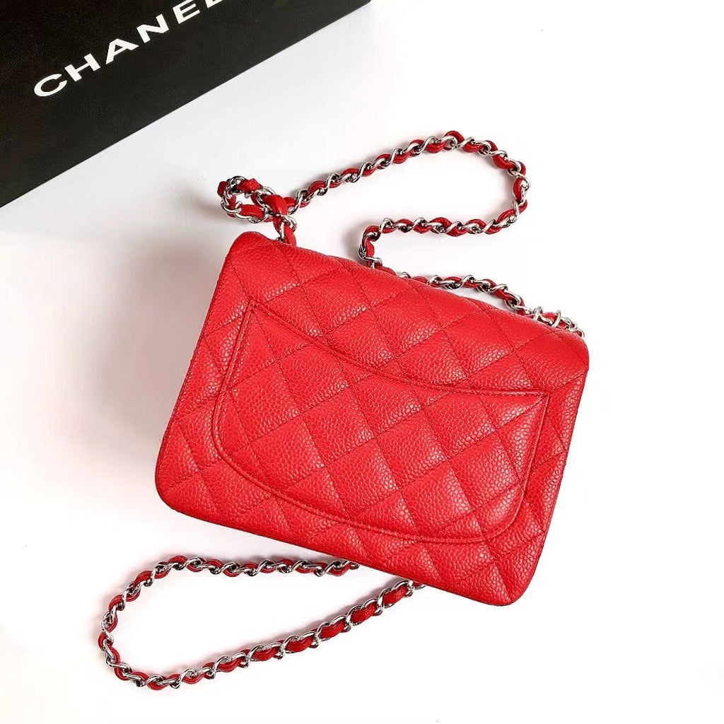 CHANEL MINI SQUARE FLAP BAG 17CM RED CAVIAR SILVER HARDWARE