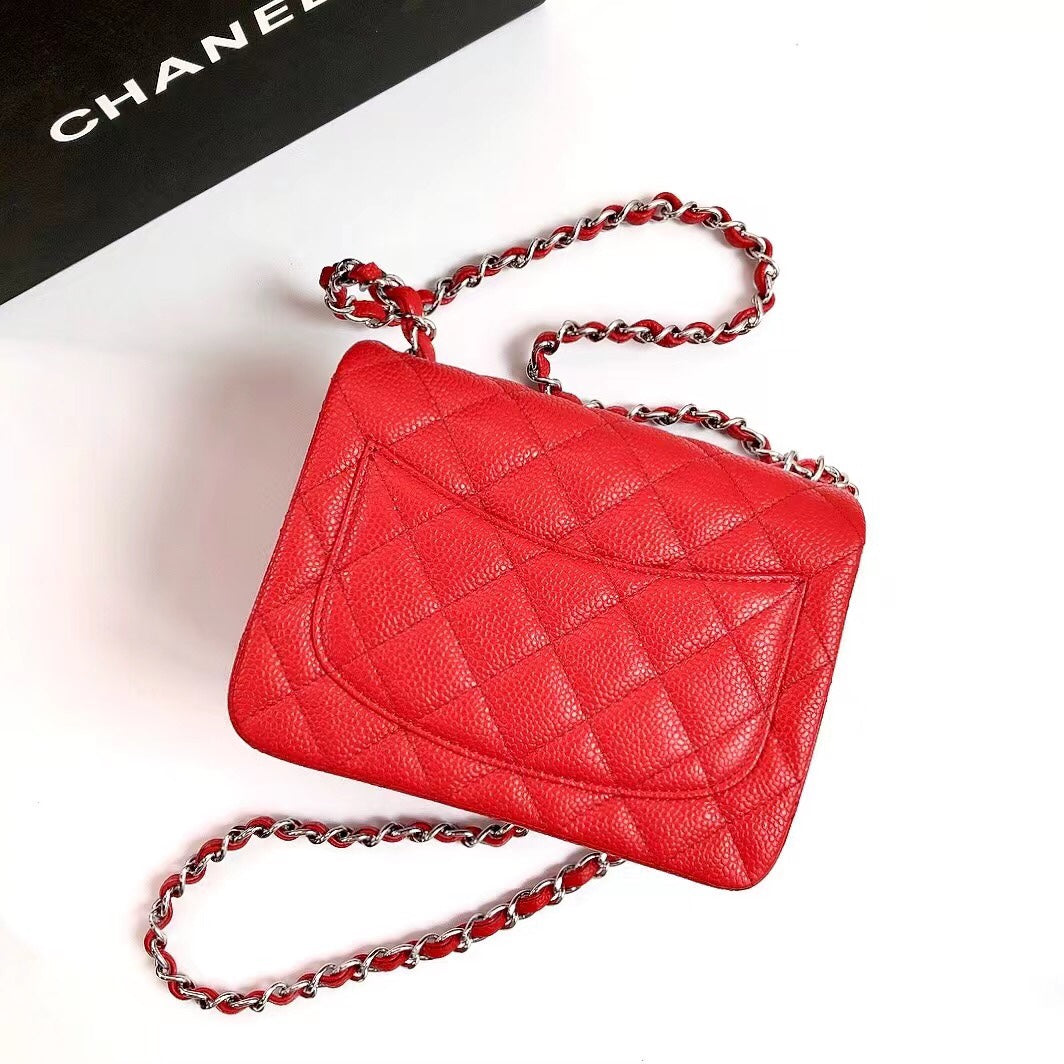 CHANEL MINI SQUARE FLAP BAG 17CM RED CAVIAR SILVER HARDWARE