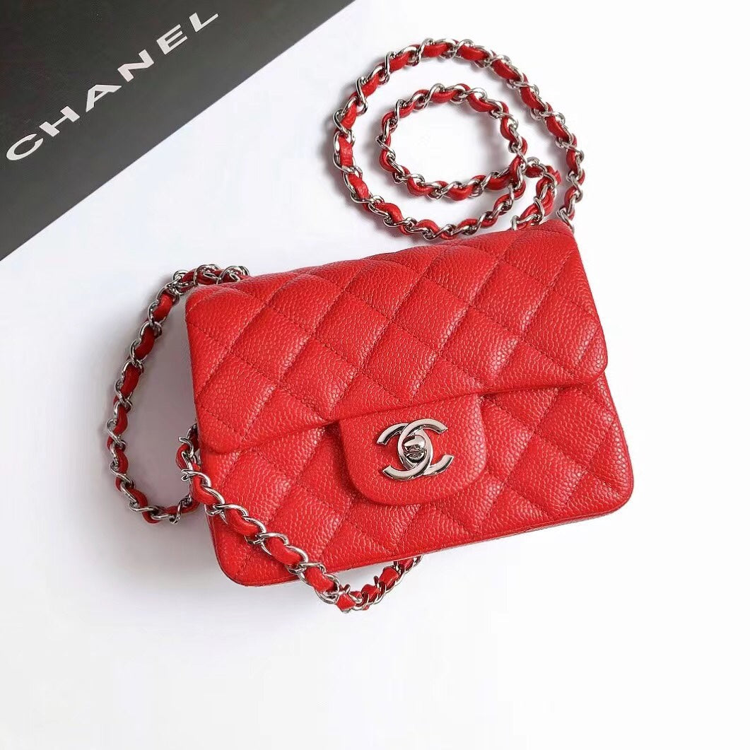 CHANEL MINI SQUARE FLAP BAG 17CM RED CAVIAR SILVER HARDWARE