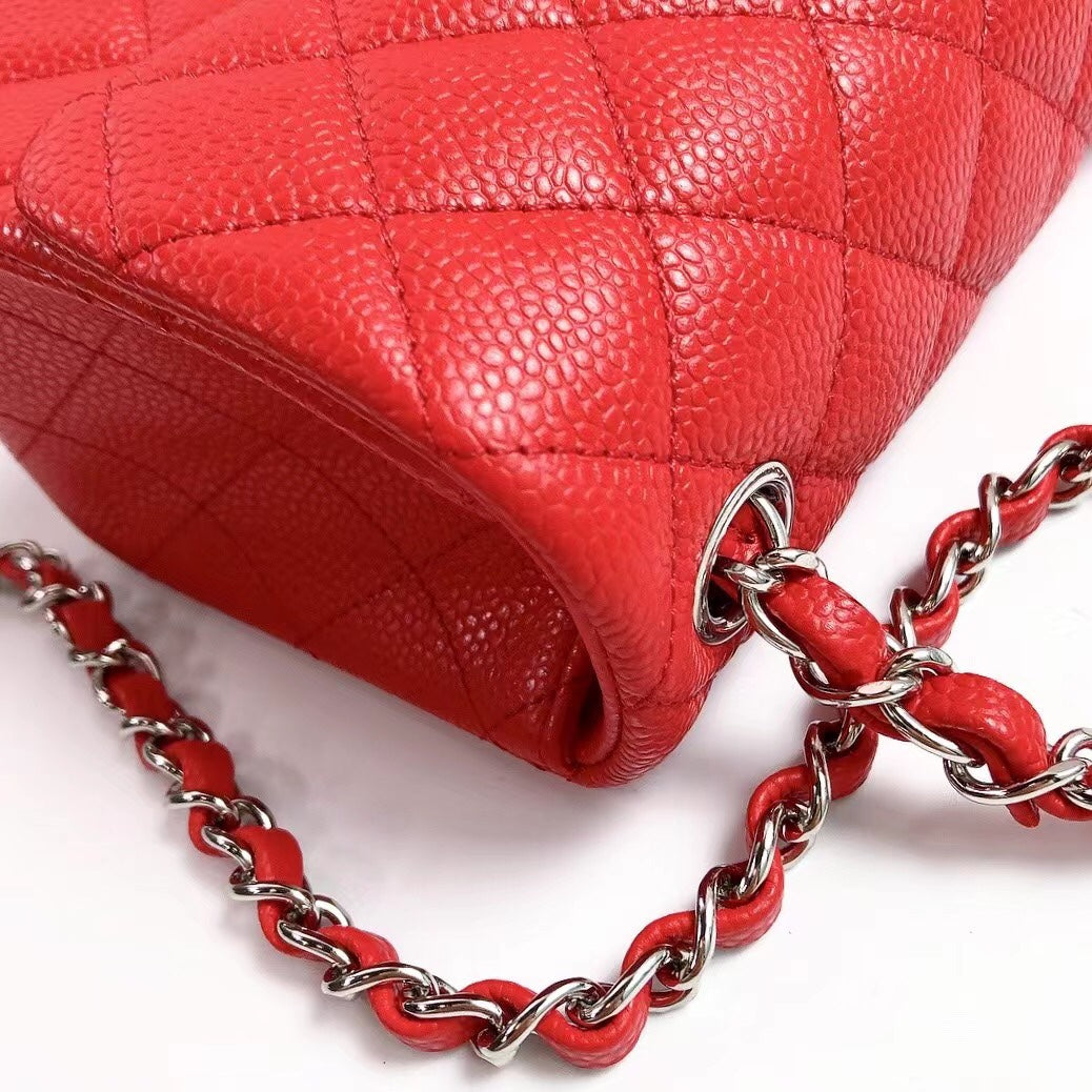 CHANEL MINI SQUARE FLAP BAG 17CM RED CAVIAR SILVER HARDWARE