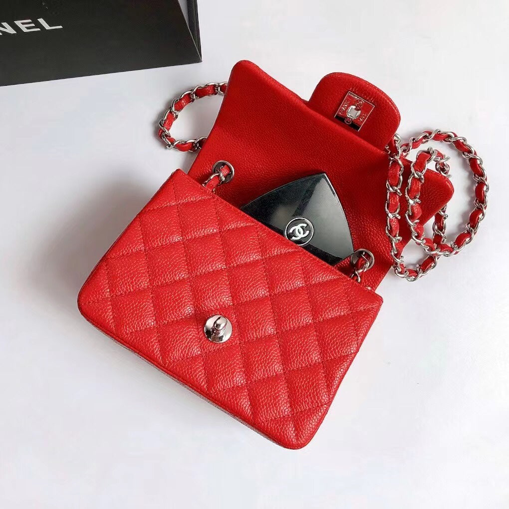 CHANEL MINI SQUARE FLAP BAG 17CM RED CAVIAR SILVER HARDWARE