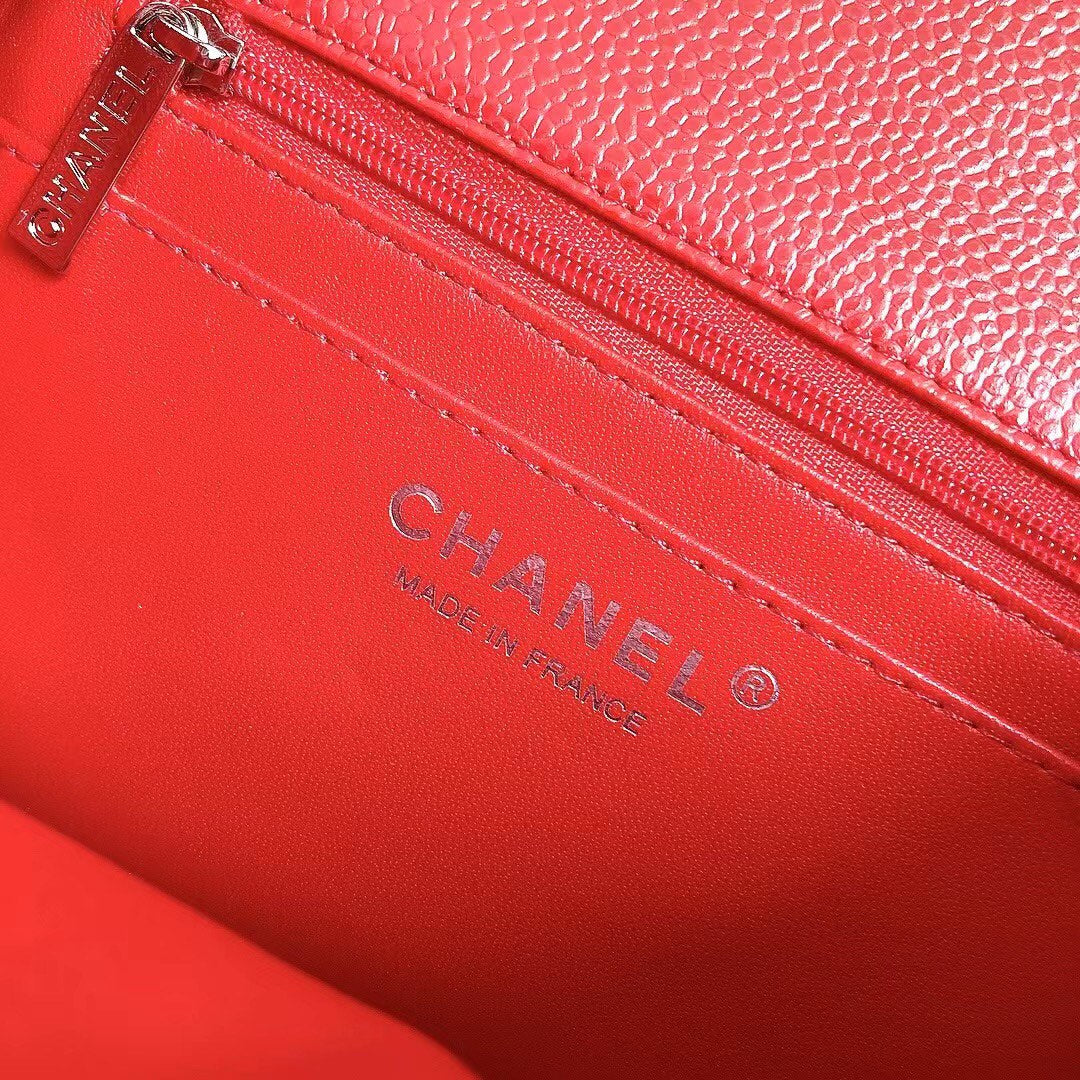 CHANEL MINI SQUARE FLAP BAG 17CM RED CAVIAR SILVER HARDWARE