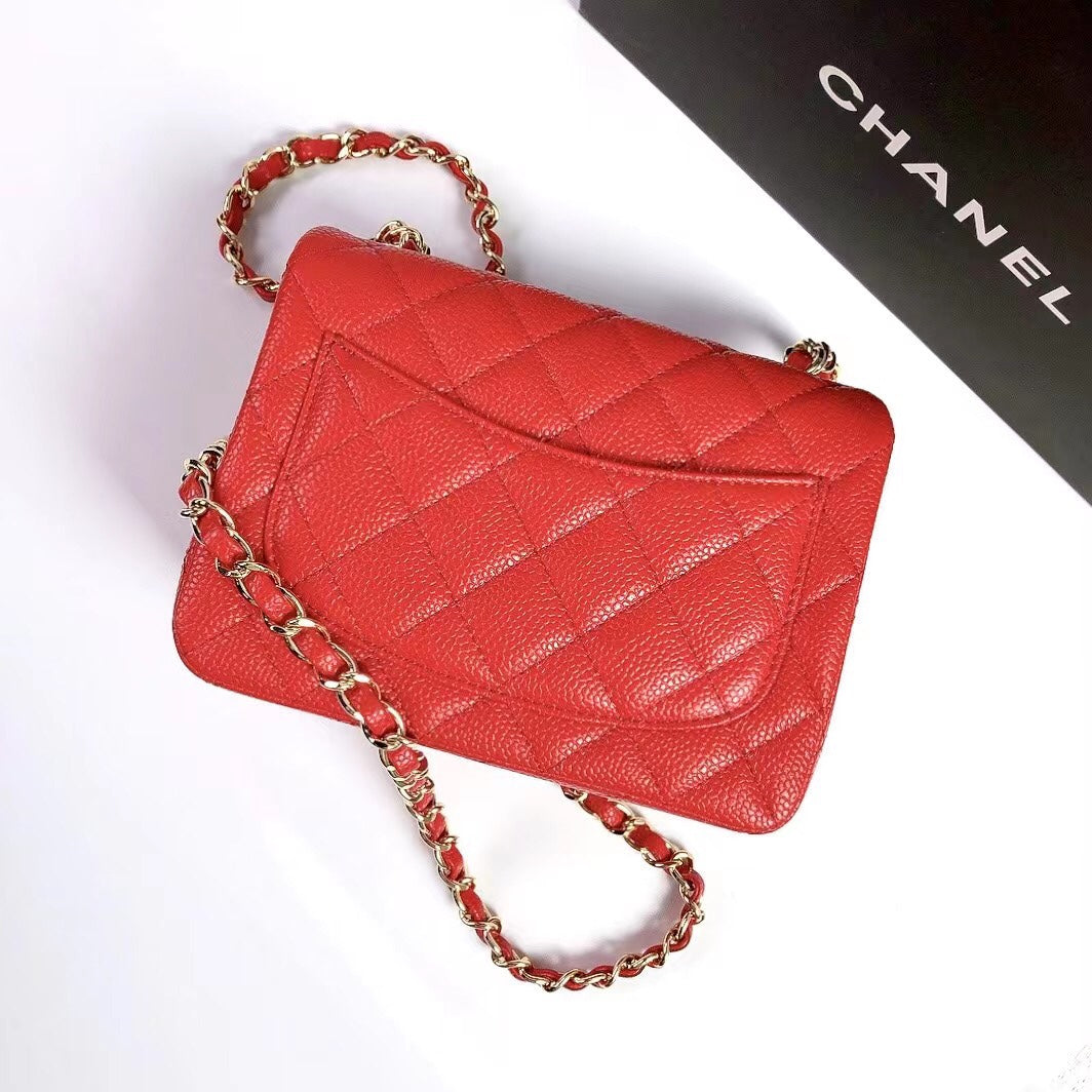 CHANEL MINI SQUARE FLAP BAG 17CM RED CAVIAR GOLD HARDWARE
