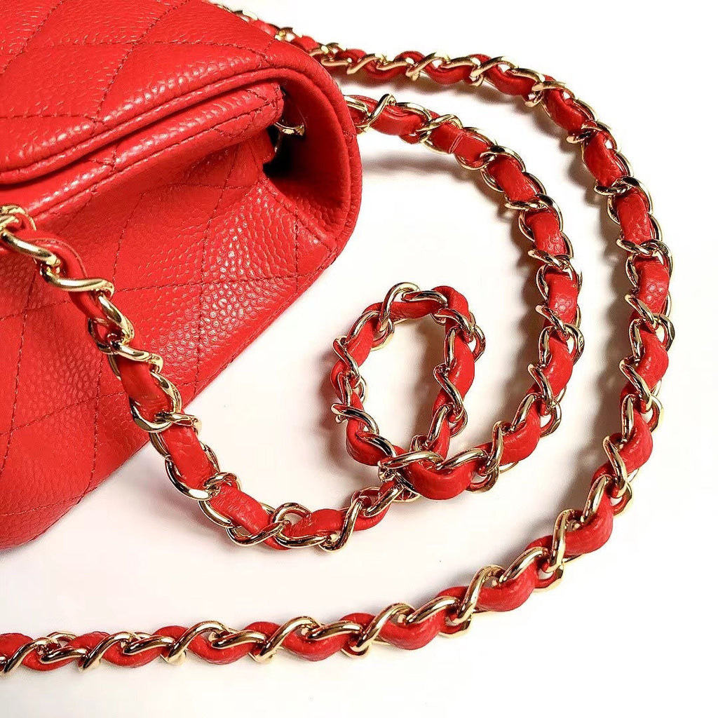 CHANEL MINI SQUARE FLAP BAG 17CM RED CAVIAR GOLD HARDWARE