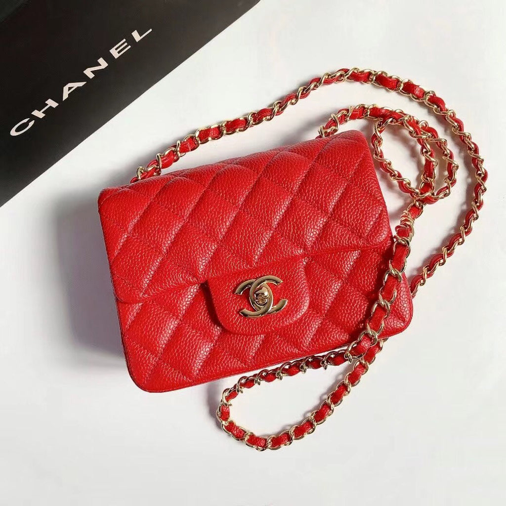 CHANEL MINI SQUARE FLAP BAG 17CM RED CAVIAR GOLD HARDWARE