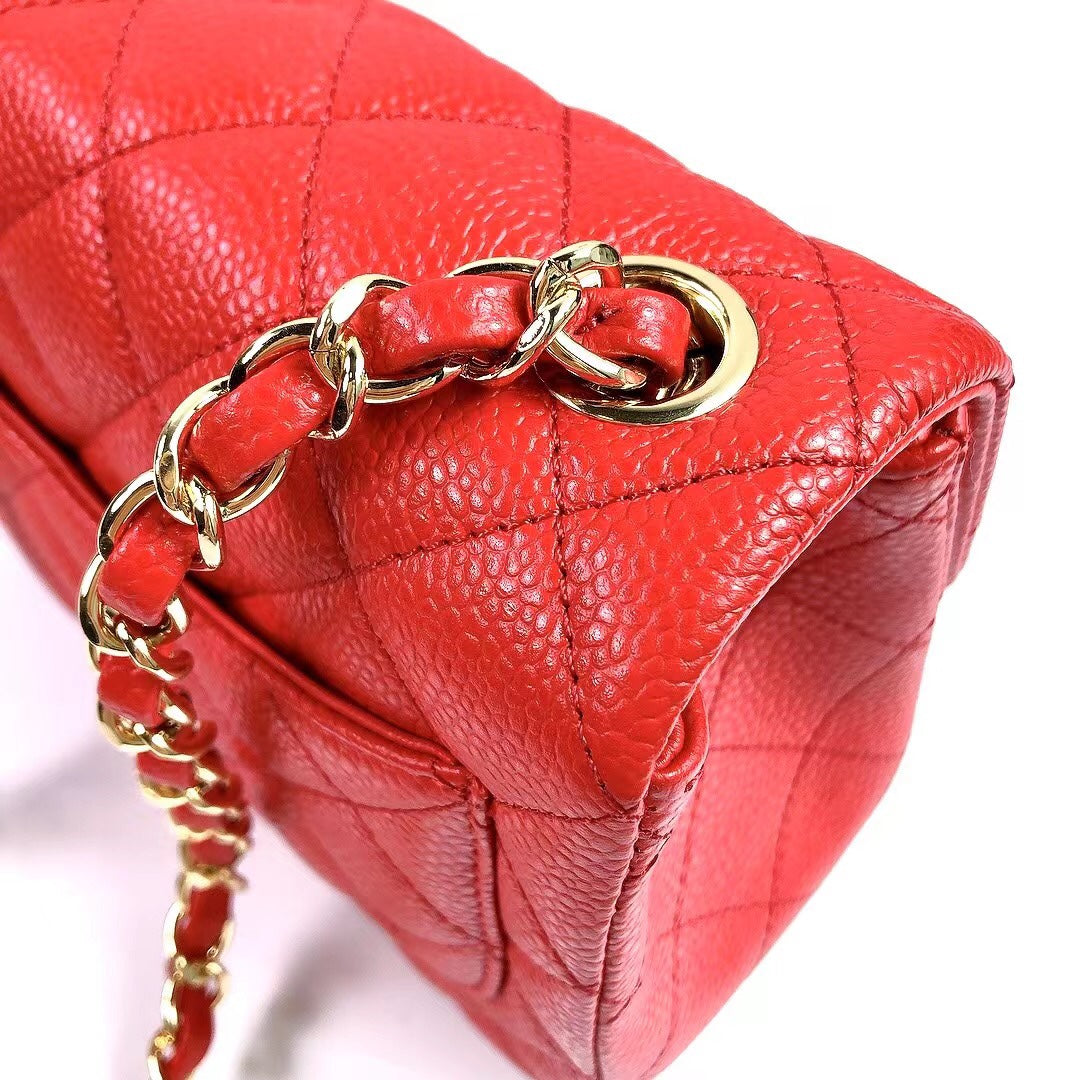 CHANEL MINI SQUARE FLAP BAG 17CM RED CAVIAR GOLD HARDWARE
