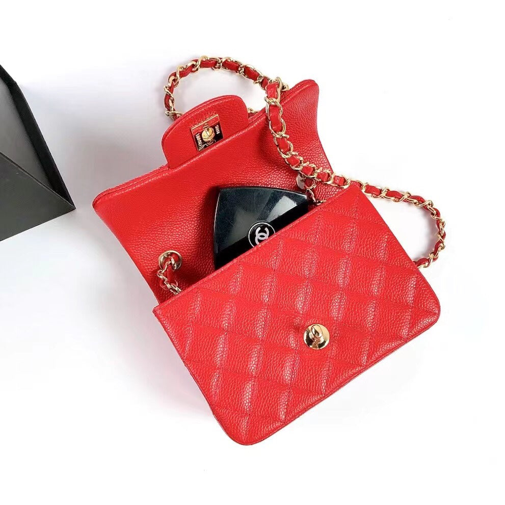 CHANEL MINI SQUARE FLAP BAG 17CM RED CAVIAR GOLD HARDWARE