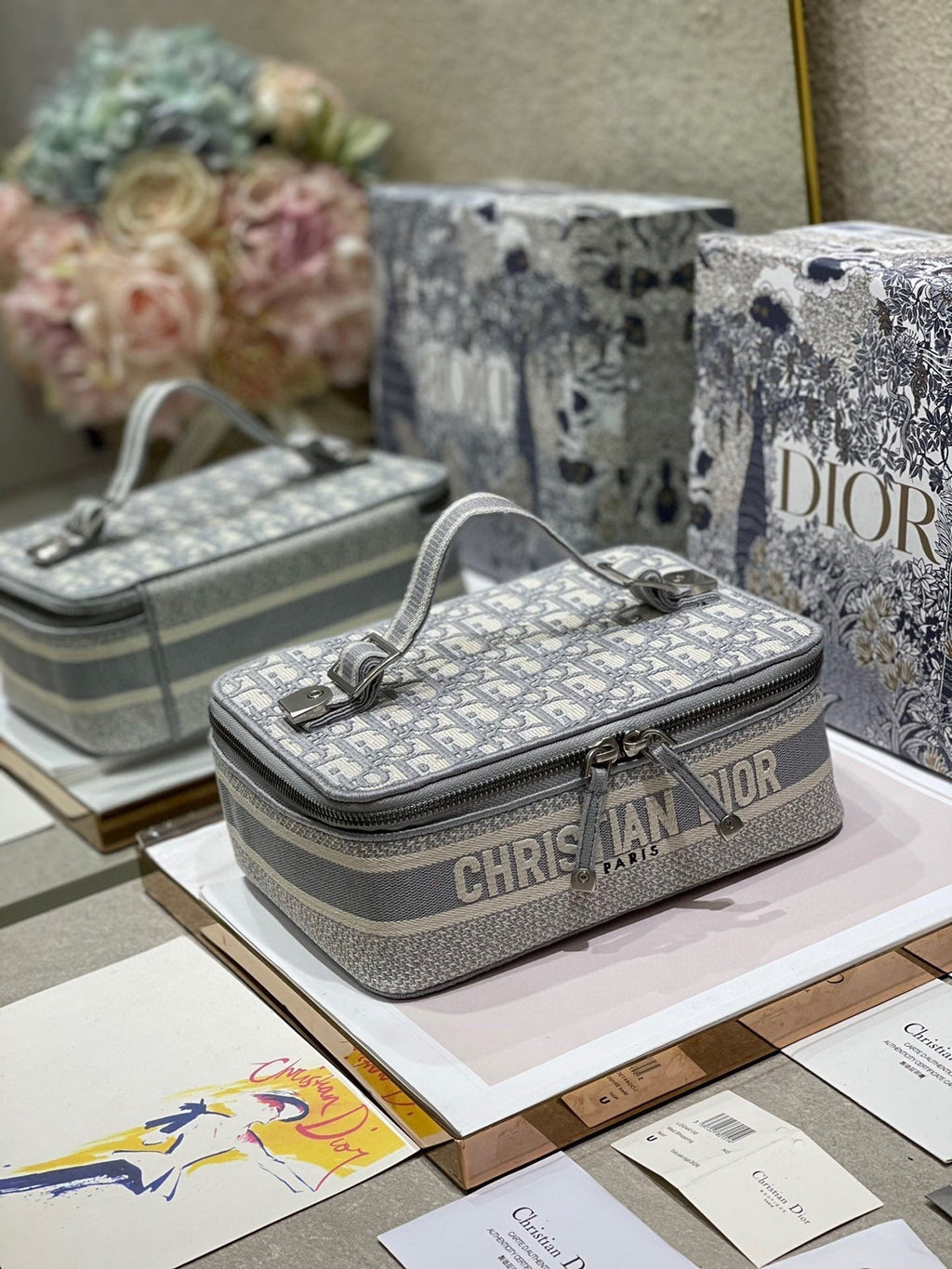 DIOR SMALL 24 VANITY CASE IN PALE GRAY MONOGRAM OBLIQUE JACQUARD