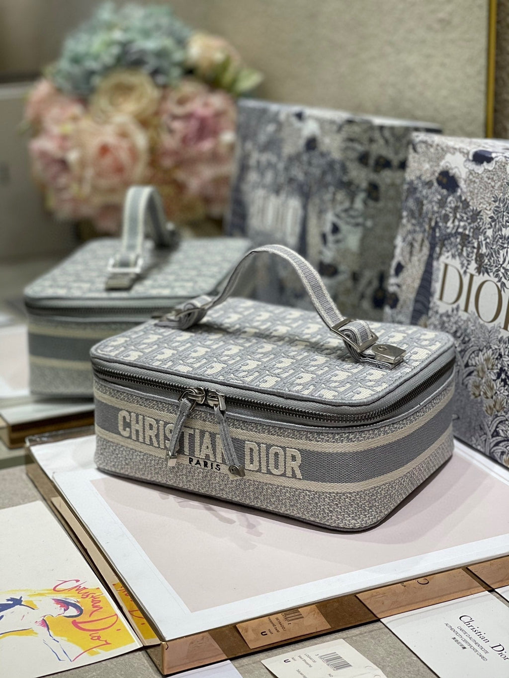 DIOR SMALL 24 VANITY CASE IN PALE GRAY MONOGRAM OBLIQUE JACQUARD