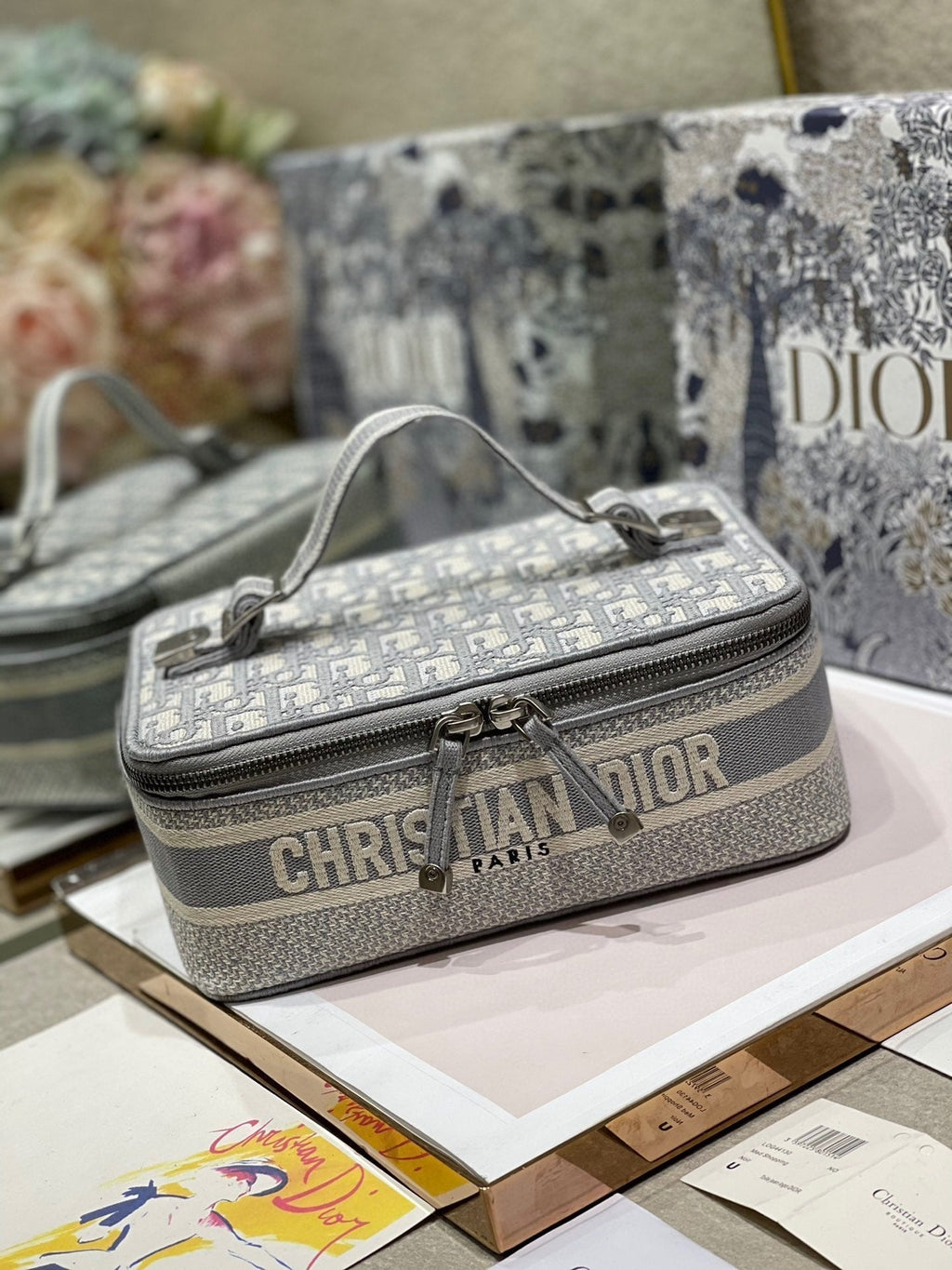 DIOR SMALL 24 VANITY CASE IN PALE GRAY MONOGRAM OBLIQUE JACQUARD
