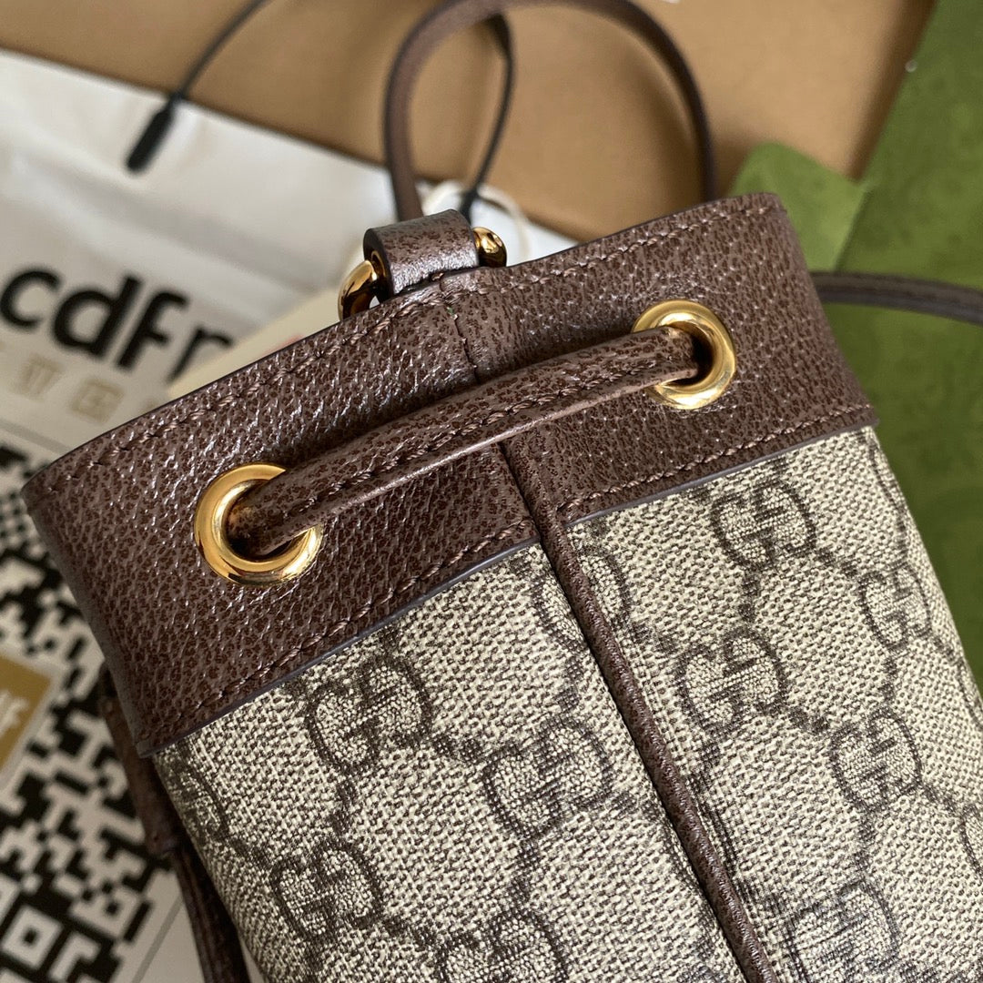 GUCCI OPHIDIA MINI BUCKET BAG 18 WITH WEB IN BEIGE EBONY CANVAS MIX BROWN CALFSKIN