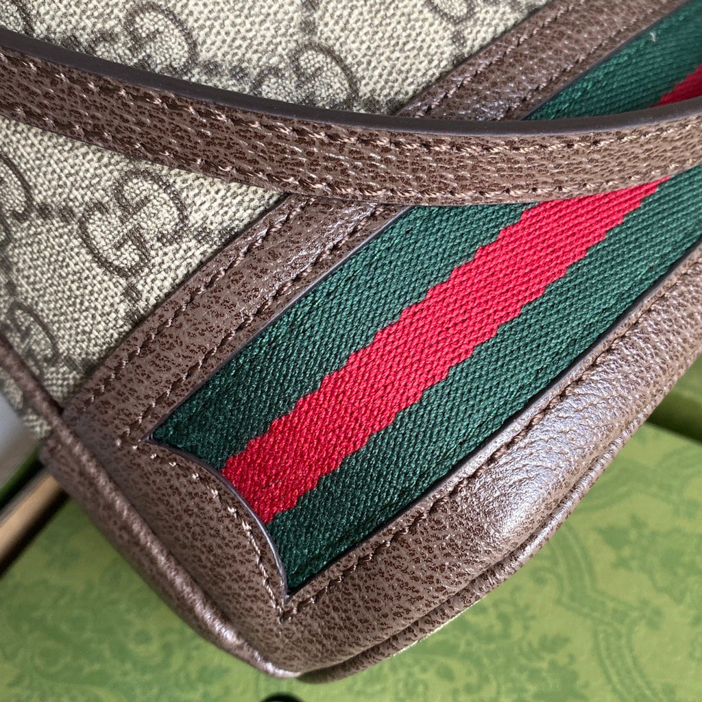 GUCCI OPHIDIA MINI BUCKET BAG 18 WITH WEB IN BEIGE EBONY CANVAS MIX BROWN CALFSKIN
