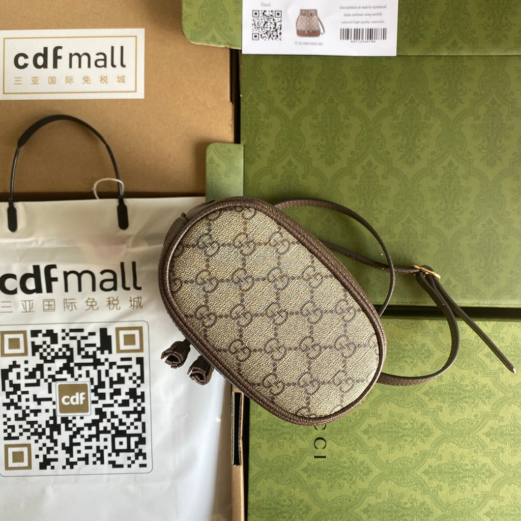 GUCCI OPHIDIA MINI BUCKET BAG 18 WITH WEB IN BEIGE EBONY CANVAS MIX BROWN CALFSKIN