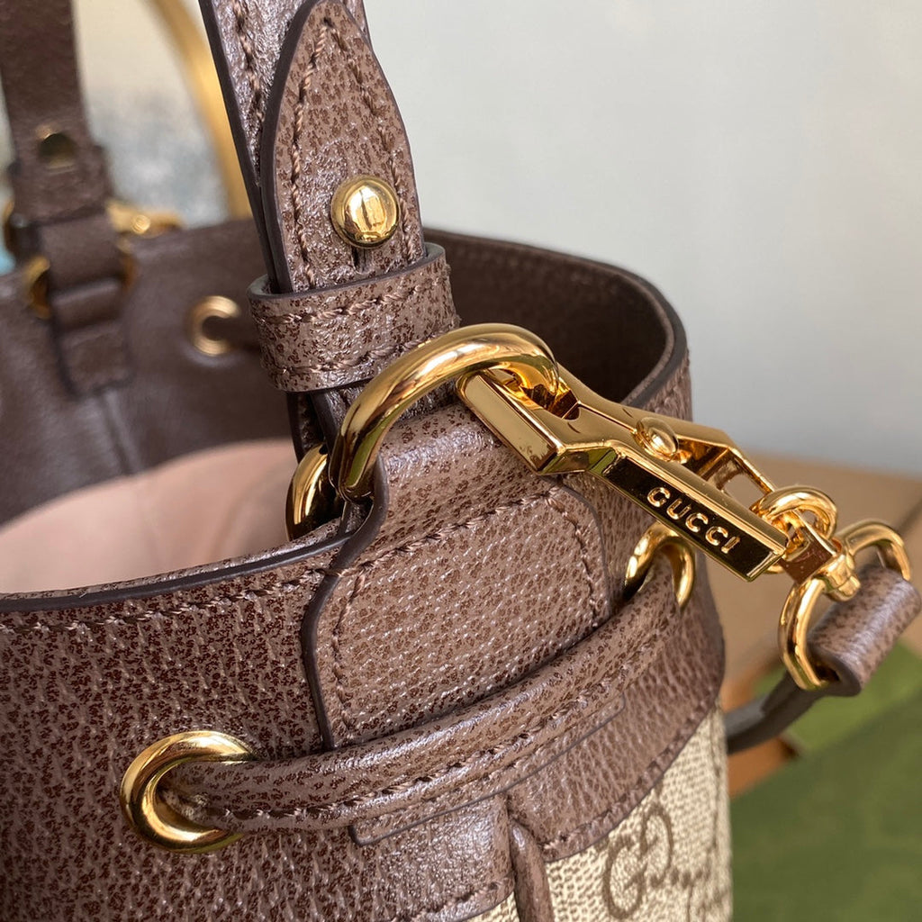 GUCCI OPHIDIA MEDIUM BUCKET BAG 26 WITH WEB IN BEIGE EBONY CANVAS MIX BROWN CALFSKIN